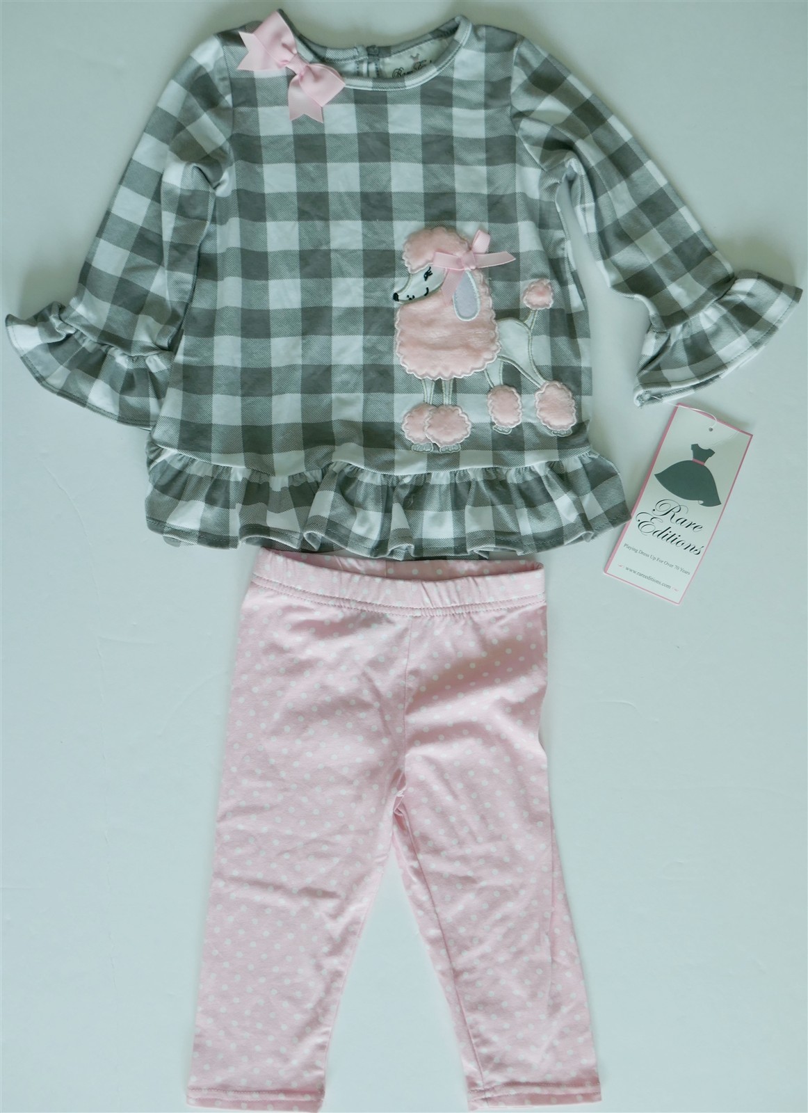 NWT Rare Editions SET Pink Poodle Fifi Gray Check Tunic+Polka Dot Pants 18 mo