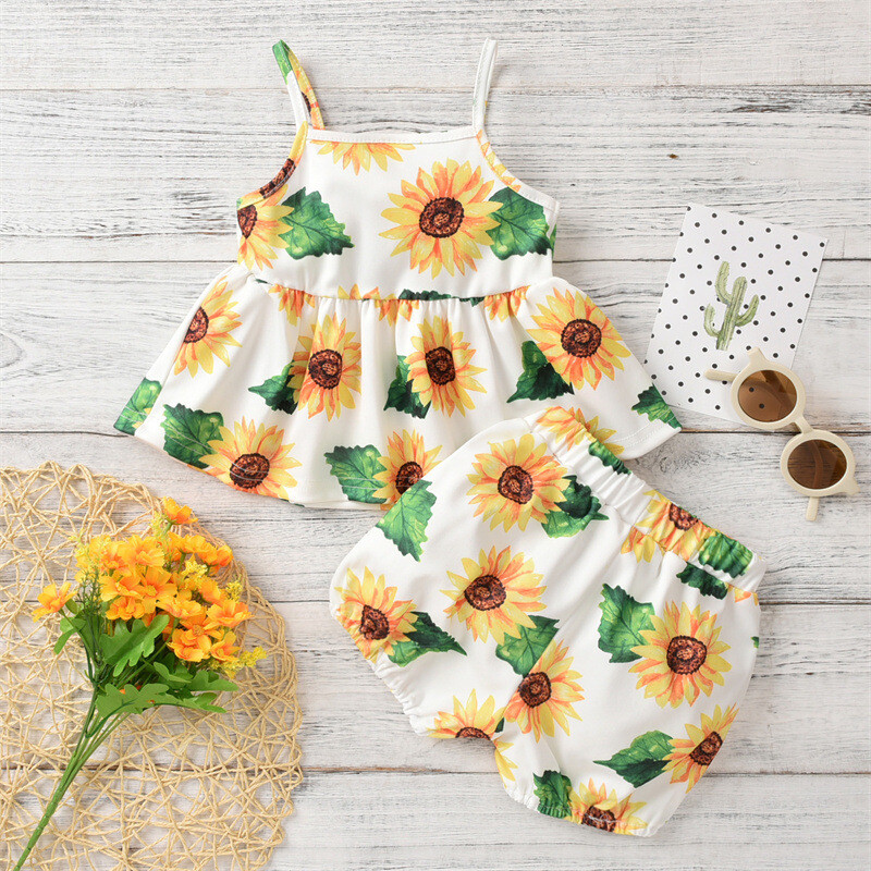 Newborn Baby Girls Floral Clothes Halter Sleeveless Shirt Tops Shorts Outfits