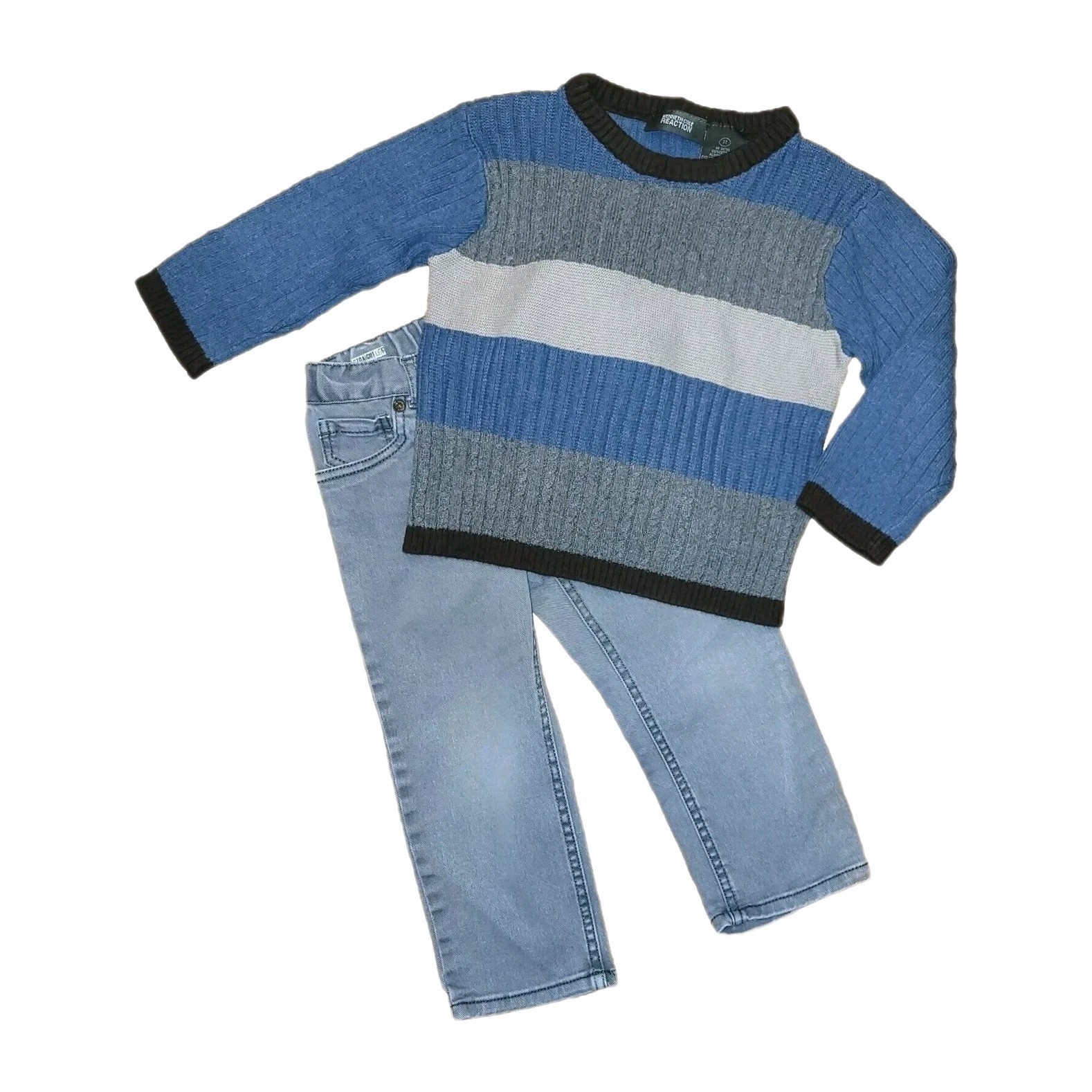 3T Kenneth Cole Reaction Knit Sweater & Gray Straight Leg Jeans Outfit