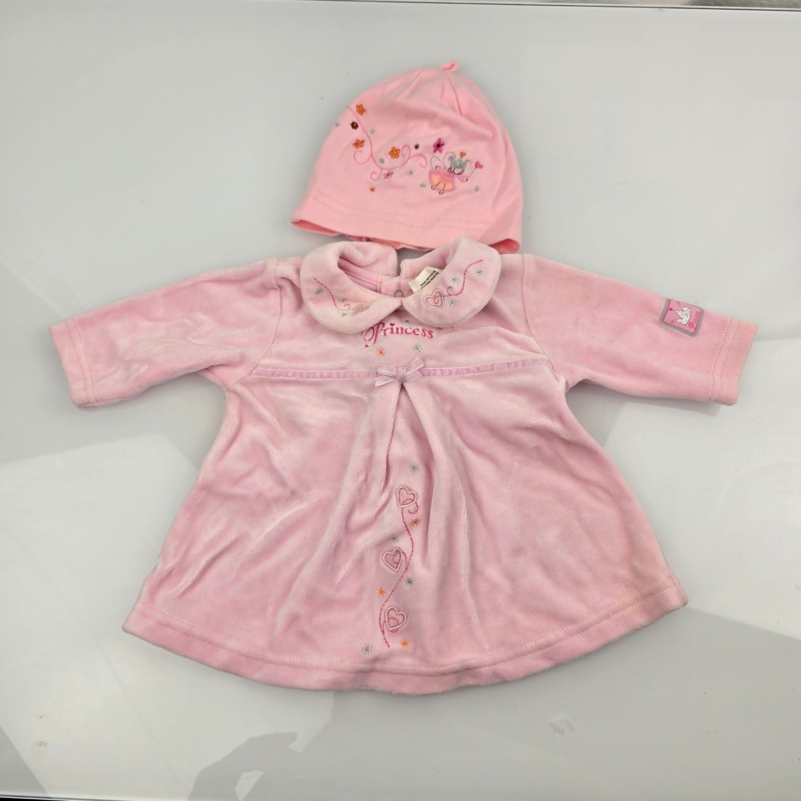 Carters Princess Baby Girl Pink Outfit Set Bodysuit Dress Hat Bib 0-3 Months Y2K