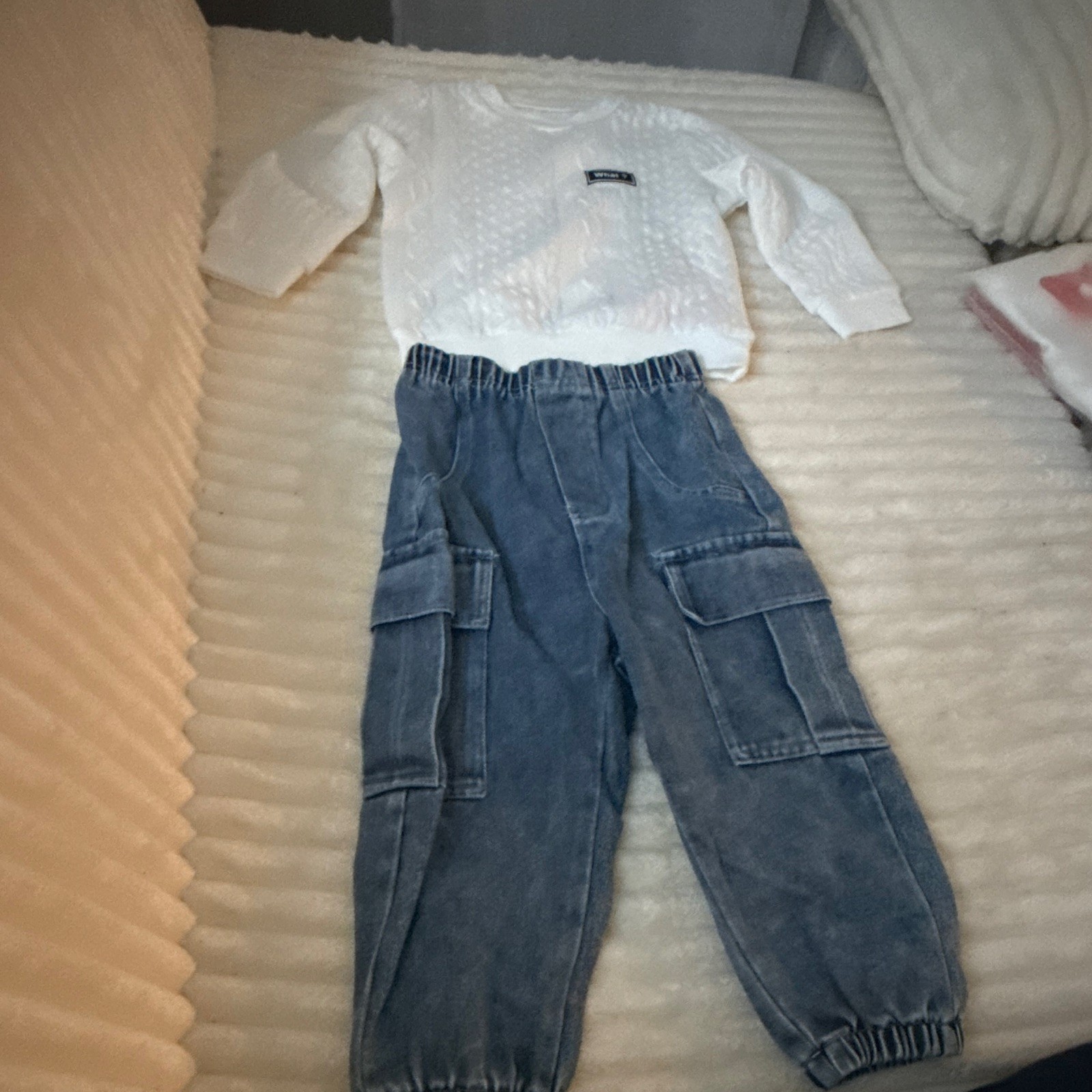 ZARA 2-Piece Baby Toddler Outfit Set White Sweater Blue Denim Cargo Pants 2-3