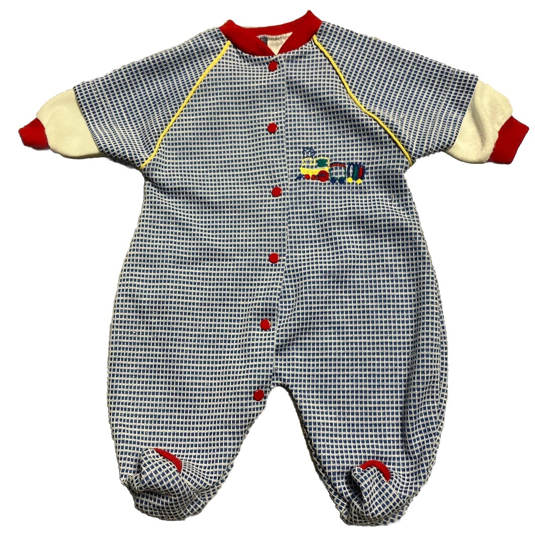 Vintage Baby Outfit Colorblock Trains 0-3 Months One Piece