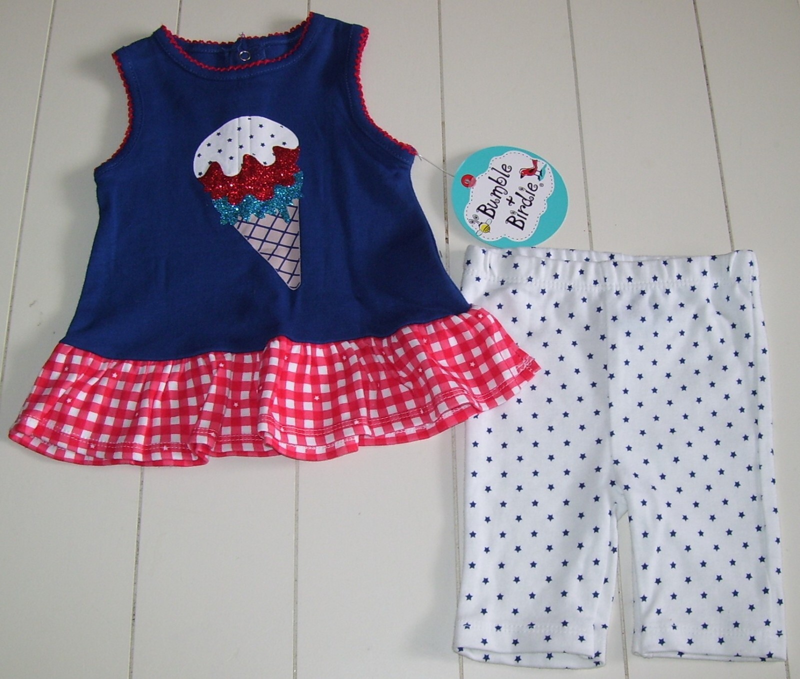 Bumble & Birdie 2 Pc RWB Glitter Ice Cream Cone Star Outfit 3M July 4th