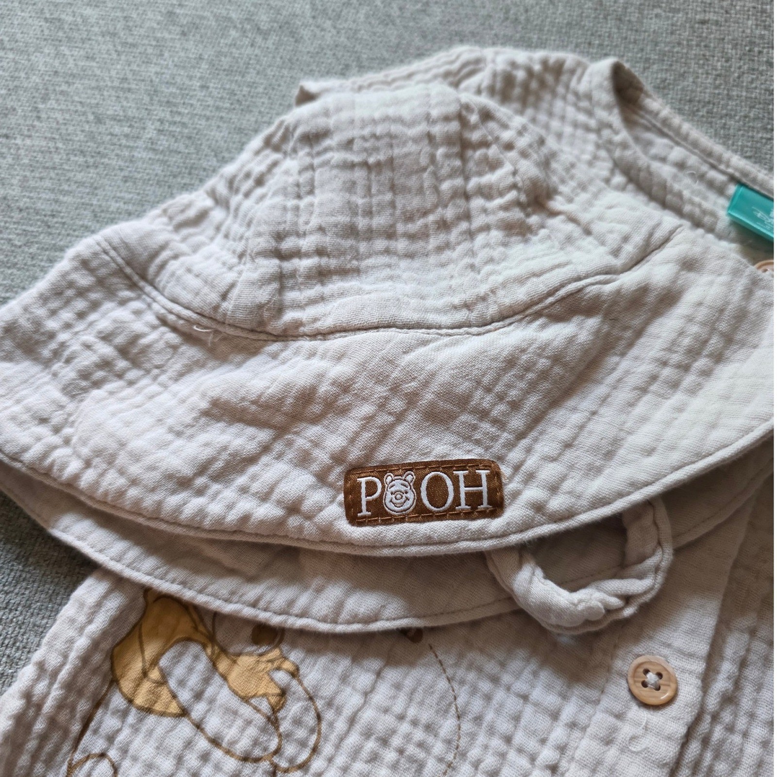 Disney Baby Winnie the Pooh Muslin Romper and Bucket Hat Set Tan 0-3M