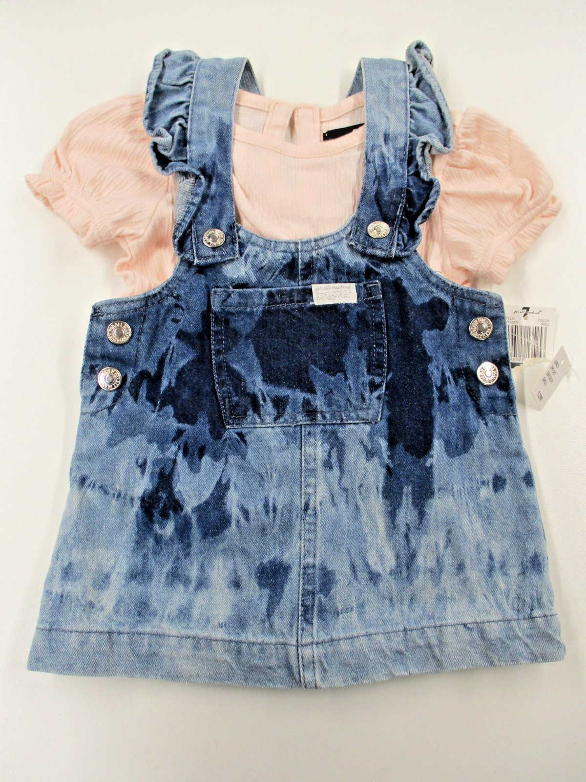 7 FOR ALL MANDKIND Outfit Girls 12 mos Blue Jean Denim Jumper Pink Top S/S NWT