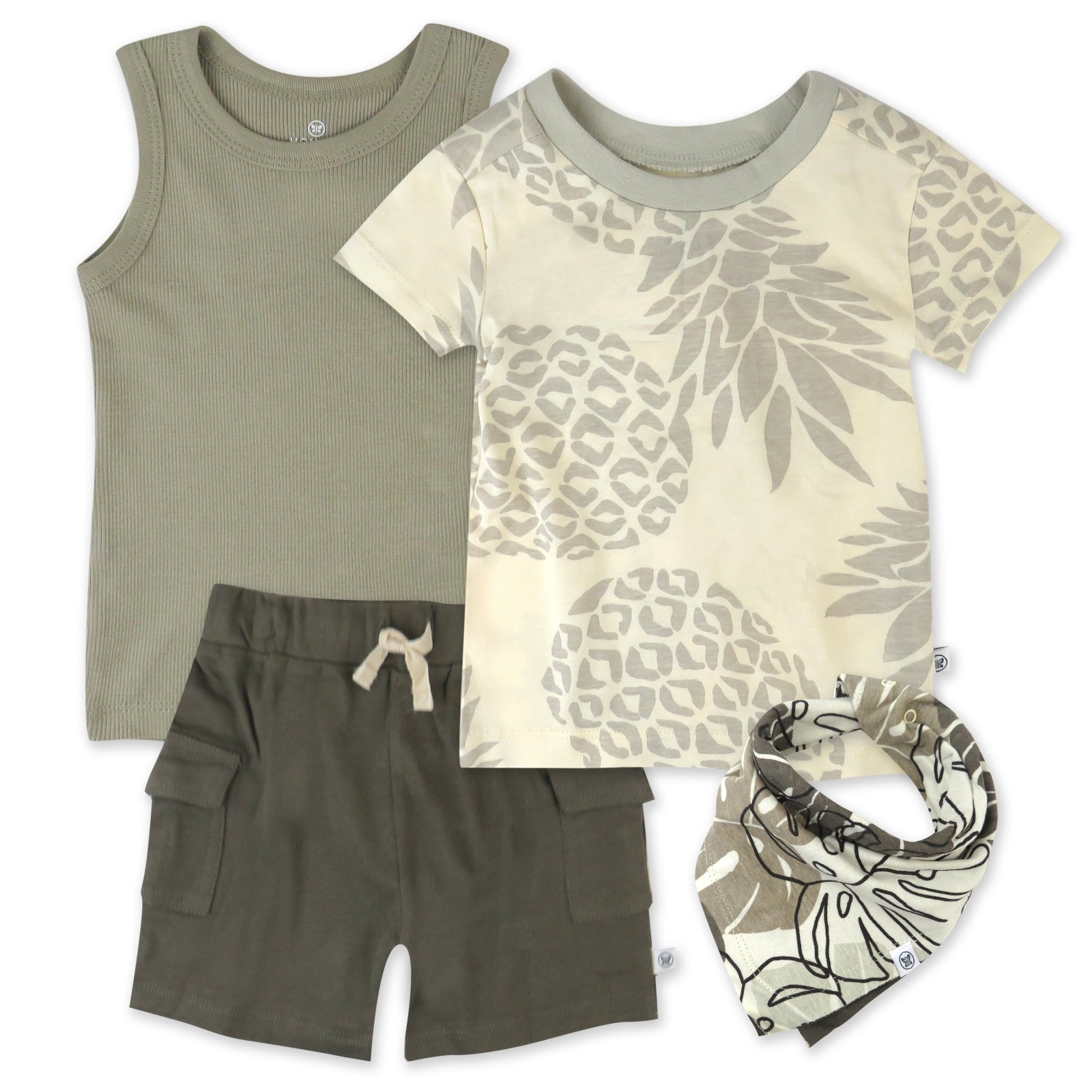 4-Pc Set 100% Organic Cotton T-Shirt, Muscle Tee, Shorts & Bandana 6-9M Sage NWT