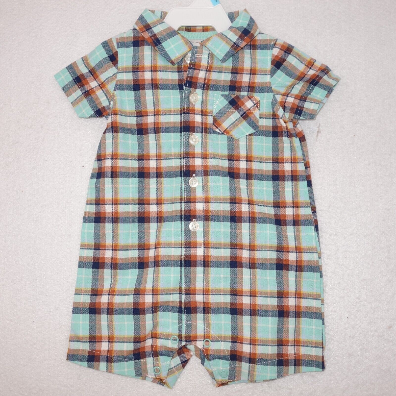 NEW Carter’s 6 Month Blue Rust Plaid Button Up w/ Collar Romper Short Outfit