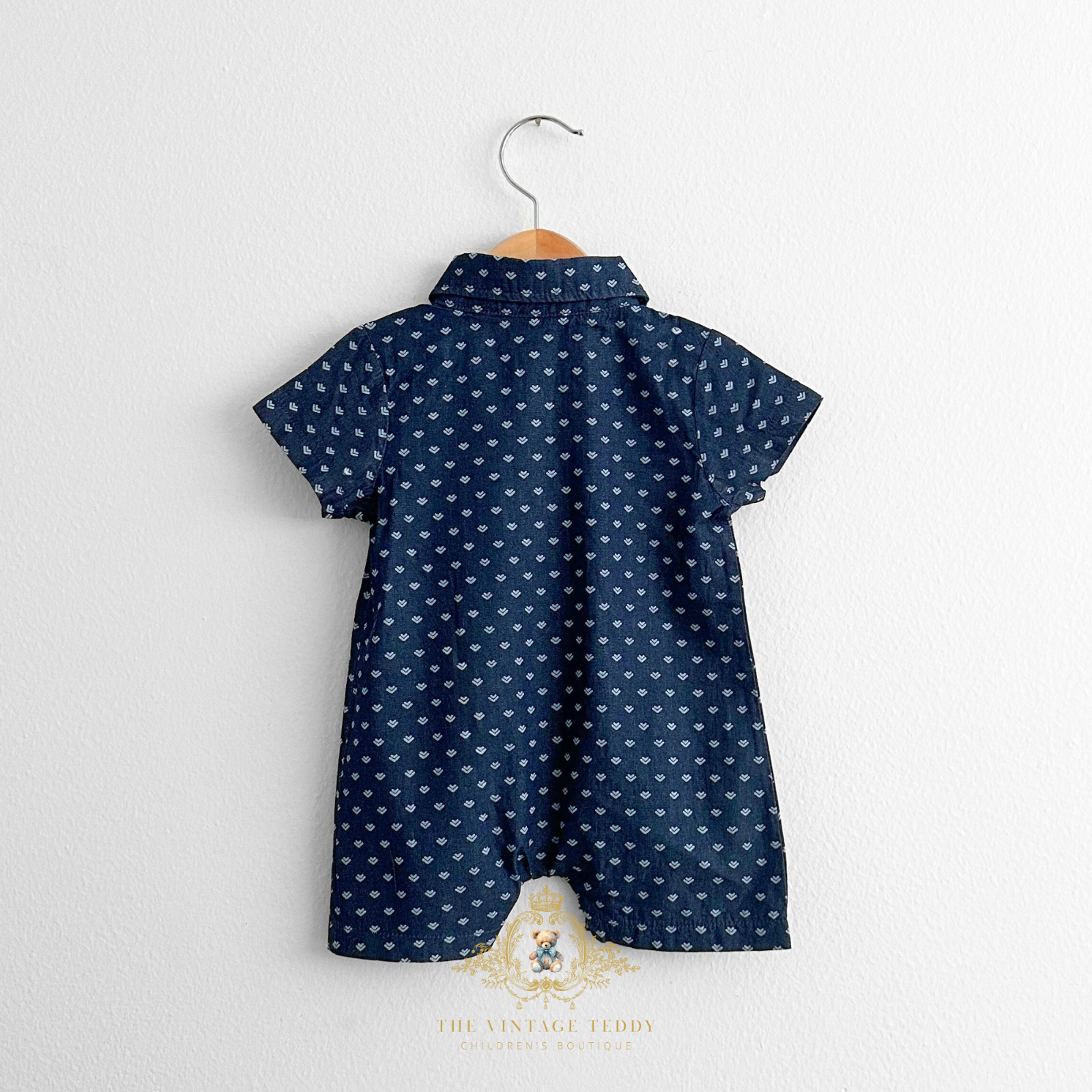 NWT Cute Boys Oxford Short Sleeve One-Piece Romper Shorts Navy Blue & White 12M