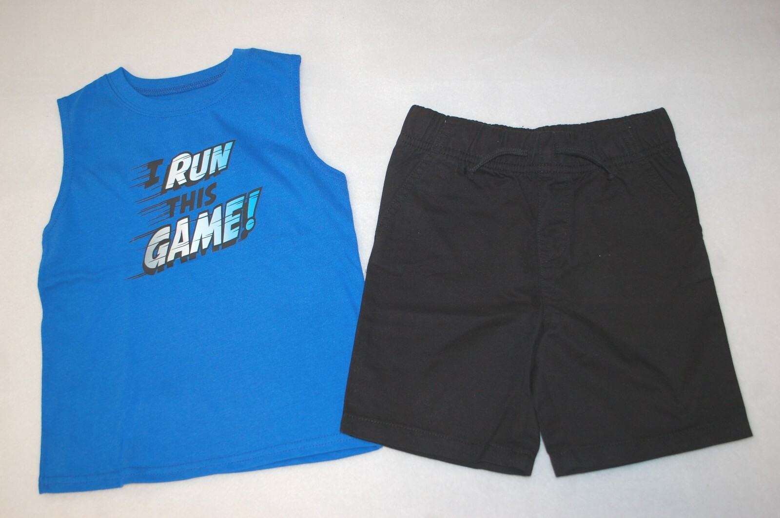Toddler Boys BLUE MUSCLE T-SHIRT Sleevelss I RUN THIS GAME Black Woven Shorts 3T