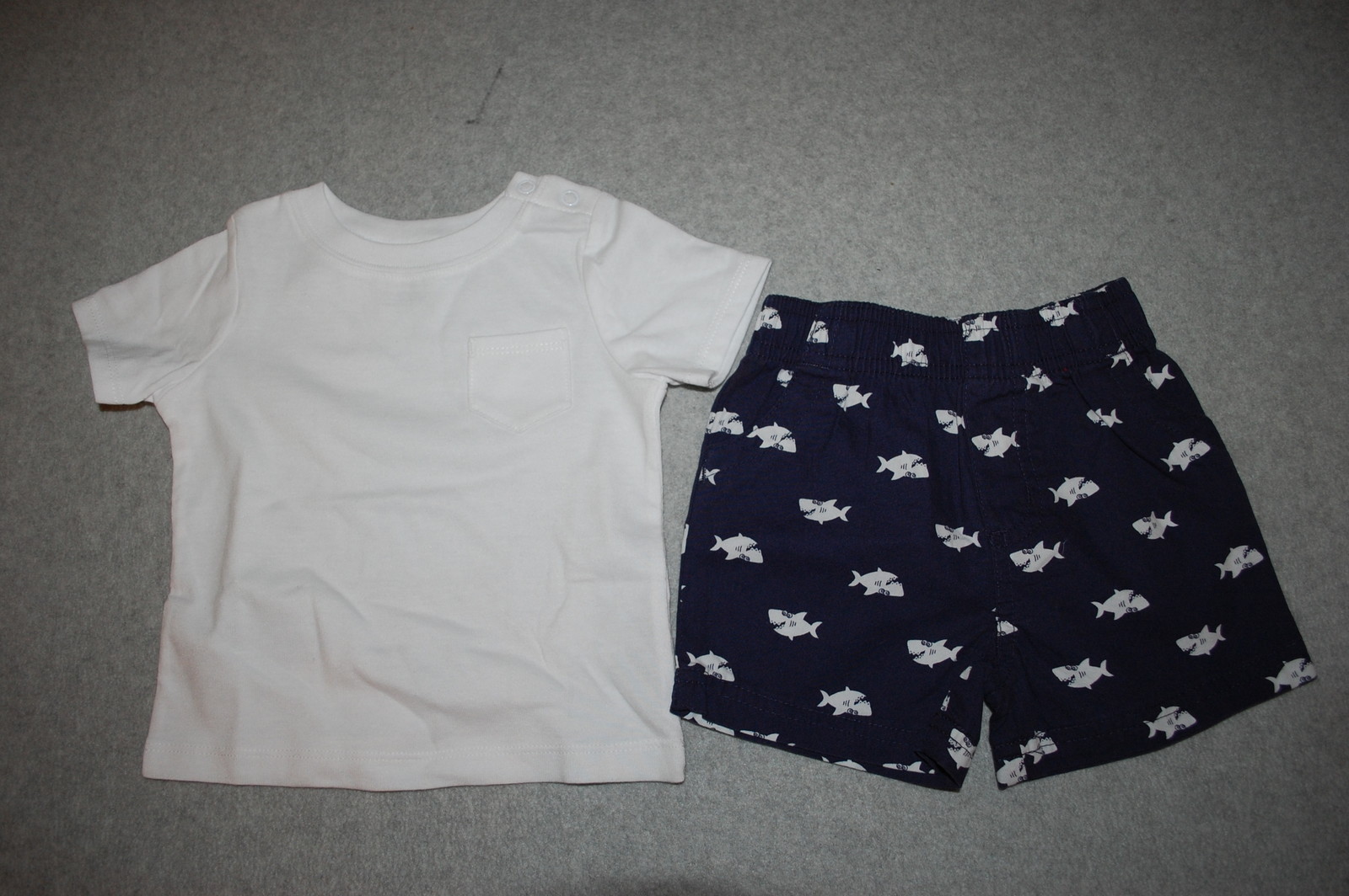 Baby Boys Outfit WHITE TEE SHIRT Woven Shorts NAVY BLUE w/ SHARKS Size 3-6 MO