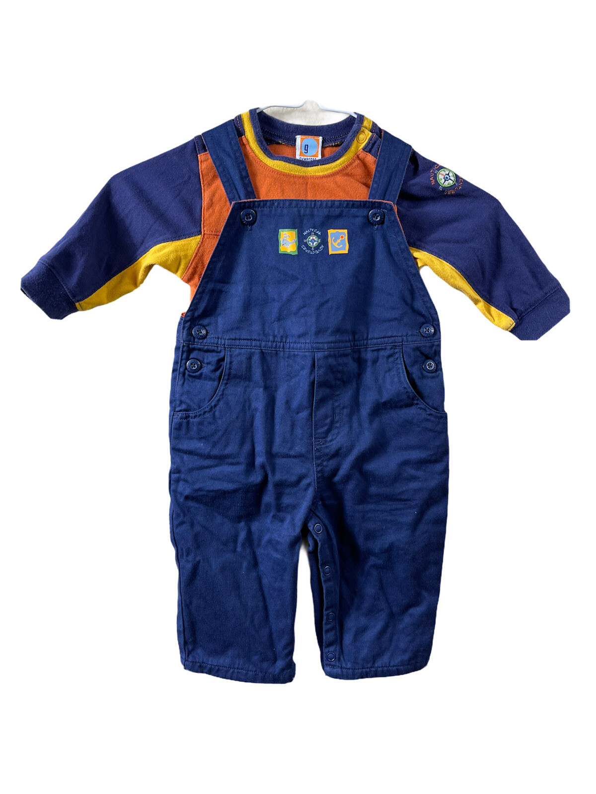 Gymboree Nautical Adventure 2pc Set Navy Blue Overalls & Orange Bodysuit 6-12 M