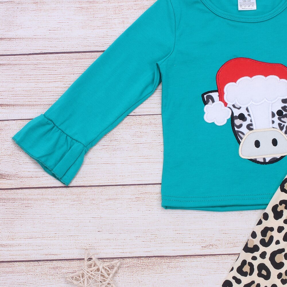 NEW Boutique Christmas Cow Shirt Ruffle Leggings Girls Outfit Set
