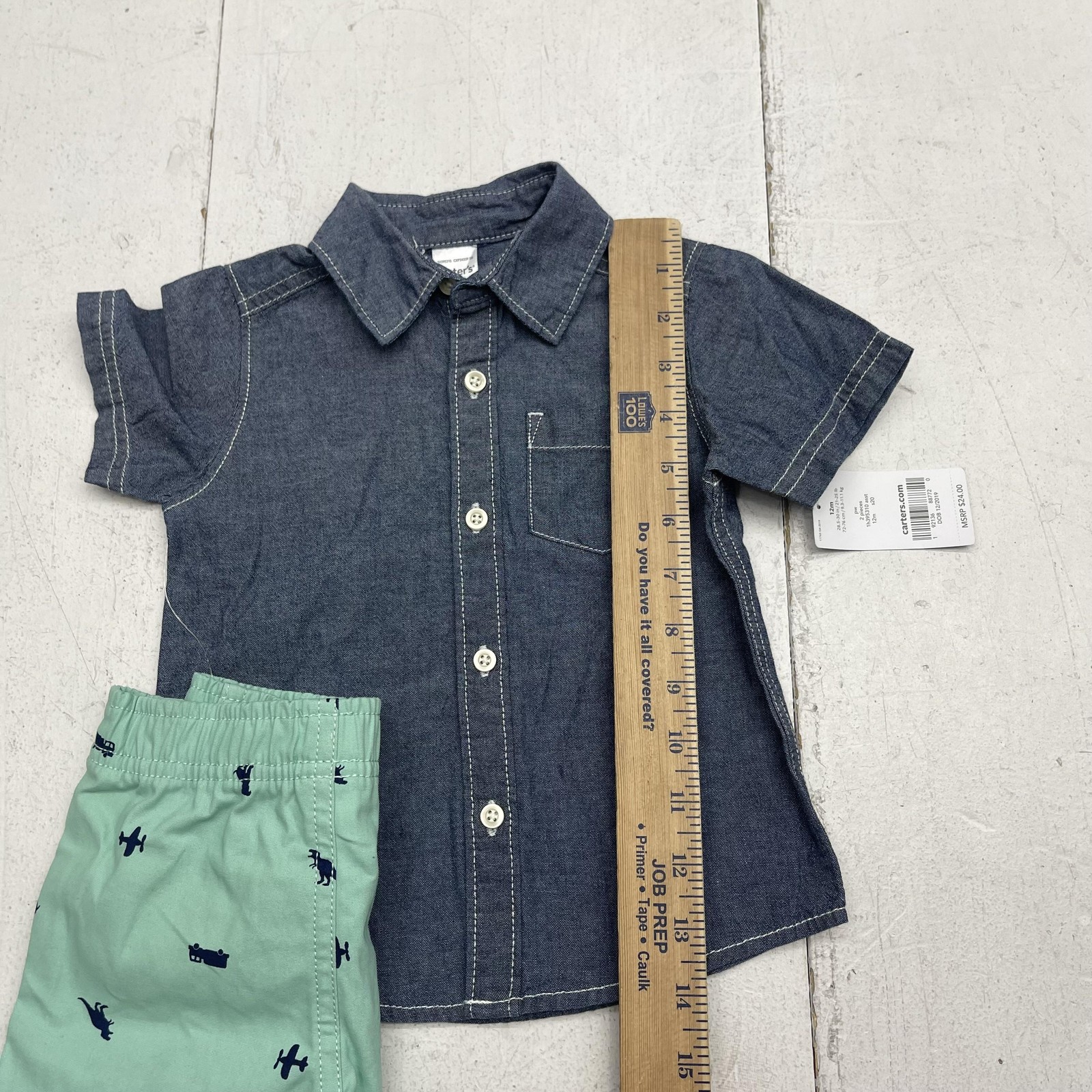 Carter’s Shirt Shorts Set Baby Boys 9-12M Blue Chambray Dino Transport 2 Piece