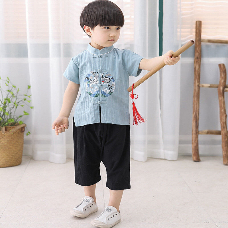 2x Chinese Ancient Hanfu Kids Boy Tang Suits Cotton Outfits Toddler Ethnic Retro