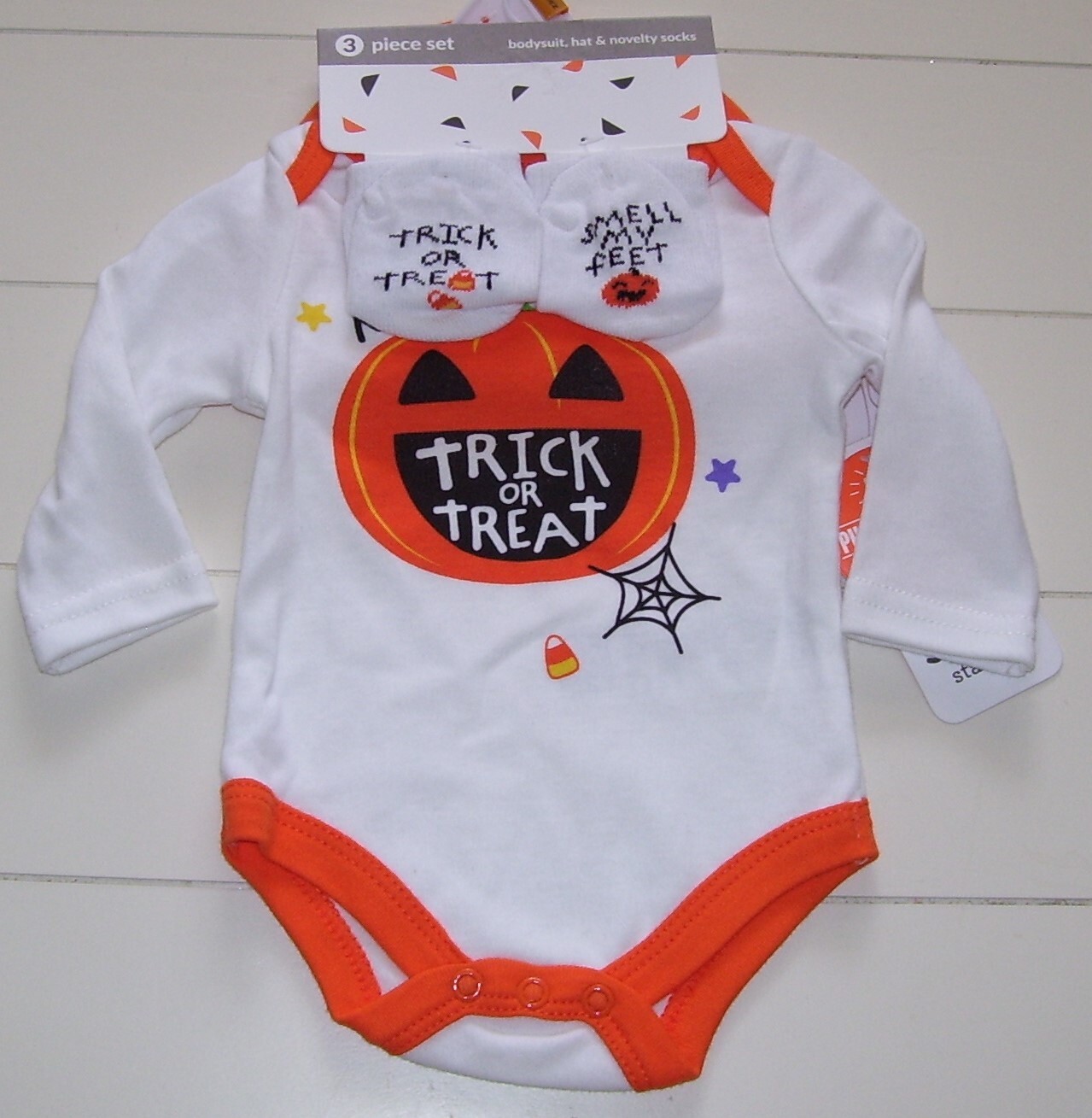 Baby Starters 3 Pc My 1st Trick or Treat Bodysuit Hat Socks Halloween Outfit NB