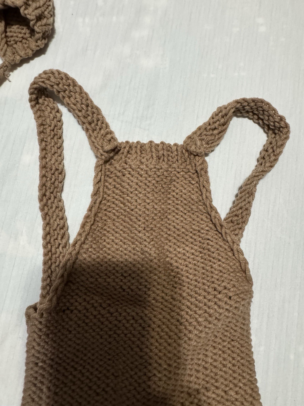Newborn Brown Knit Bear Hat & Overall Outfit Set 3-Piece Sleeveless Tassel