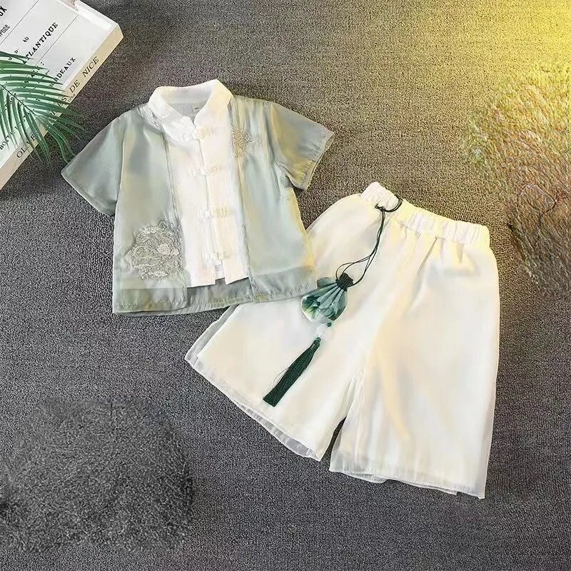 2Pcs Boys Girl Tang Suit Chinese Traditional Embroidery Hanfu Kids Costume