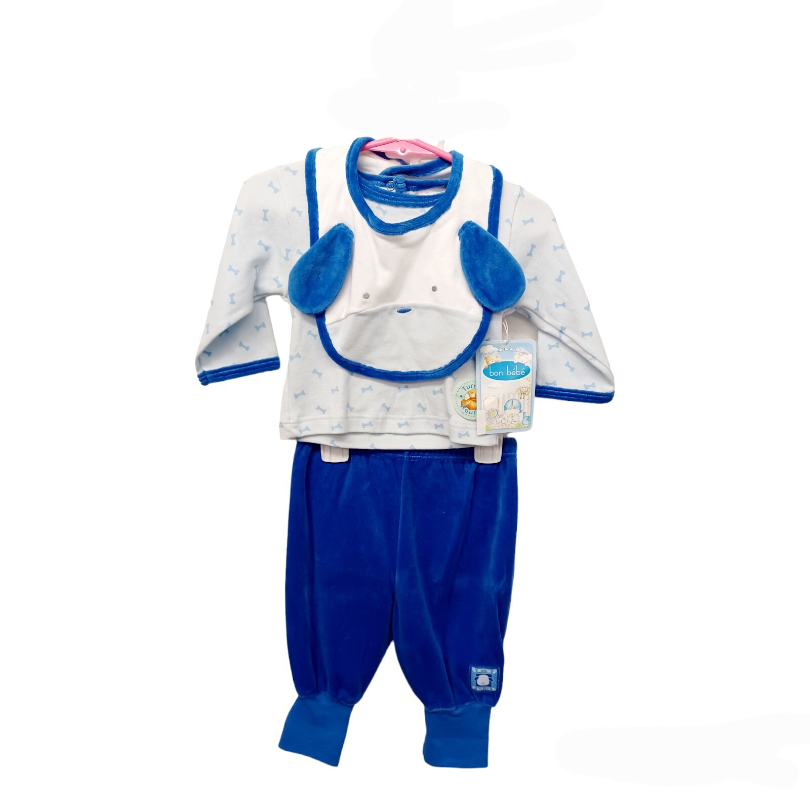Bon Bebe Pant Set 6/9M Boys Dog Shirt Pants Bib Blues 3 Pieces