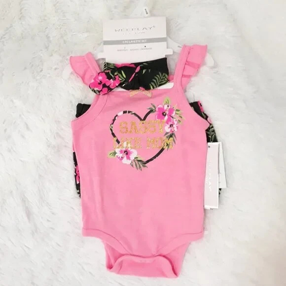 WEEPLAY 3pc Girls Layette Set ~ Shorts, Bodysuit & Headband (6-9M) ~ NEW!!!