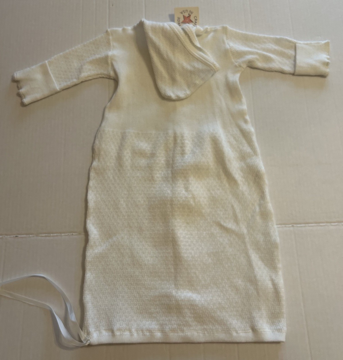 Vtg Paty Baby Gown White Size 6 Months Lace Knit Ribbon Tie Hooded USA NOS