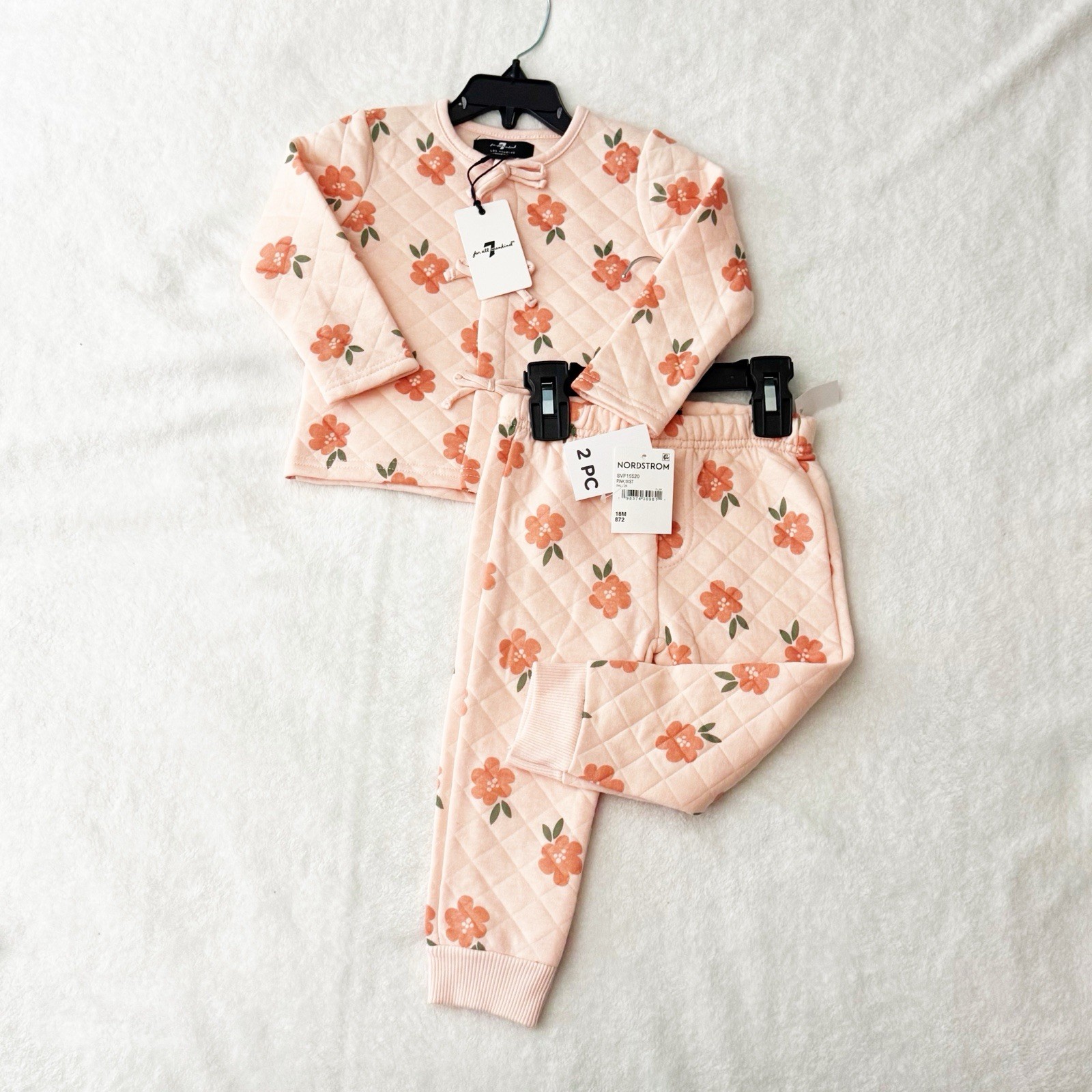 7 For All Mankind Girls 18M 2pc Quilted Floral Long Sleeve Pants Set Pink