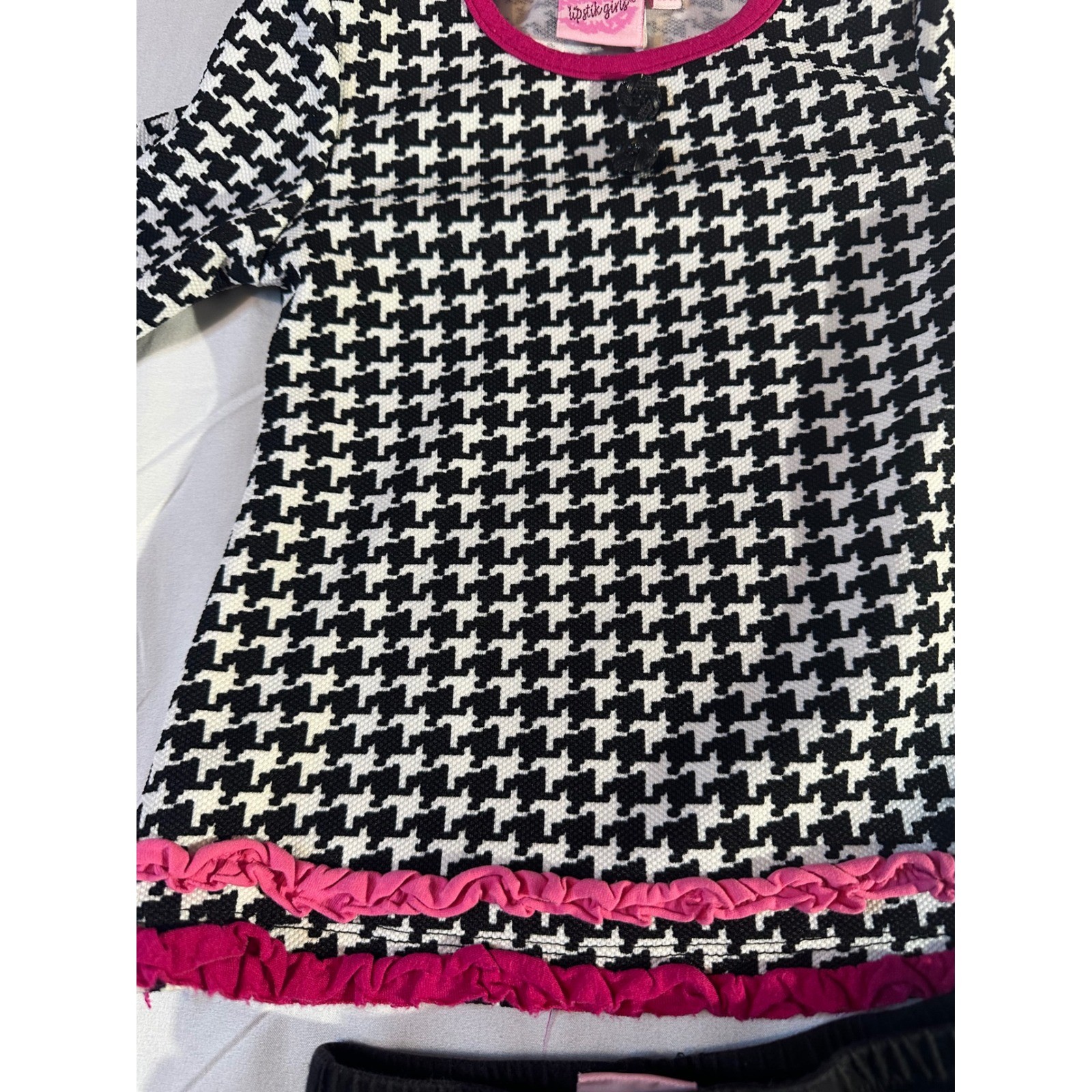 Lipstik Girls Houndstooth Ruffle Tunic and Leggings Set Black Pink 12-18 Months