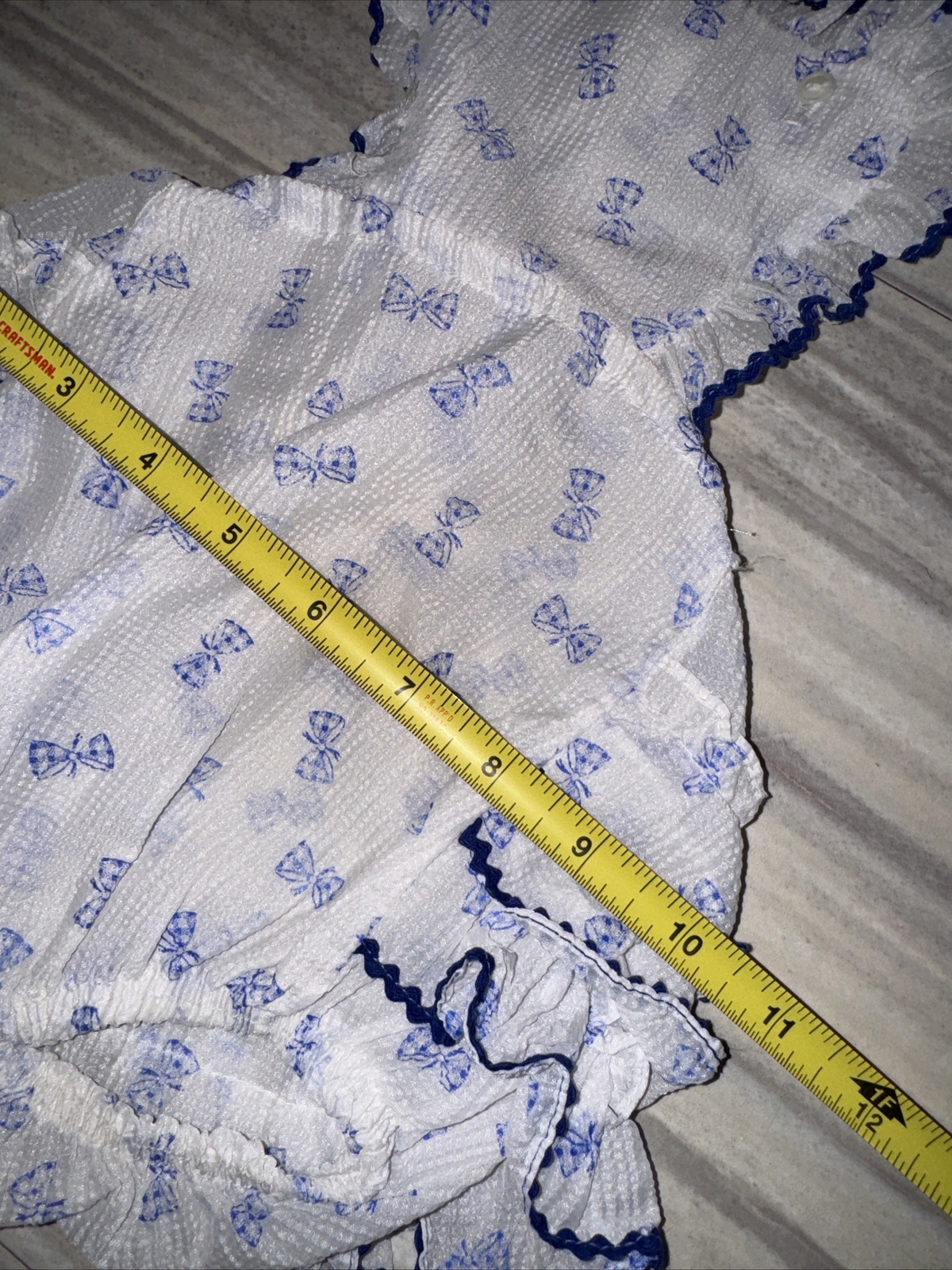 Antique Baby Girl Semi Sheer Jump Suit Bubble Romper Blue Bows Ruffles Victorian