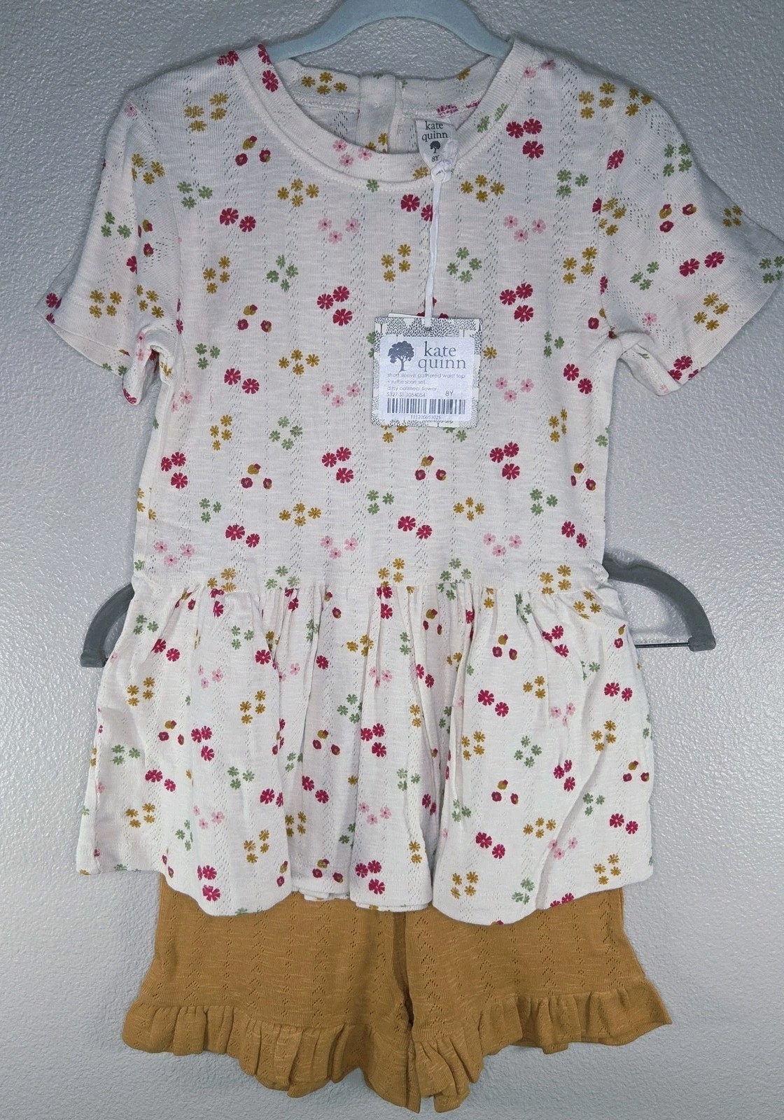 Kate Quinn Pointelle Ditsy Oatmeal Flower Peplum Top & Ruffle Shorts Set 8Y NWT