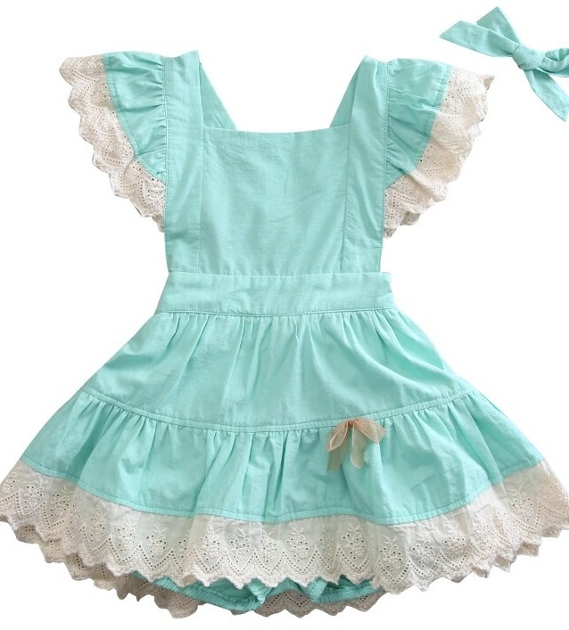 Baby Girls 12 Months Green Lace Pinafore Dress Outfit 3 Piece Set Bloomer & Bow