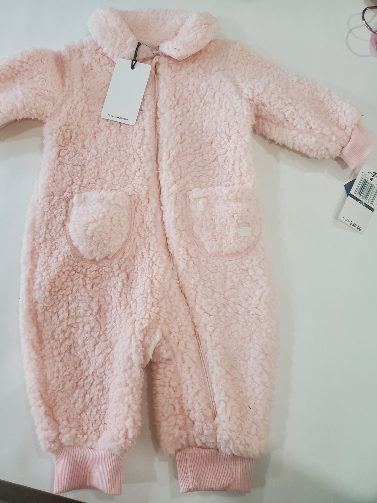 Baby 3/6 Month 7 For All Mankind – One Piece Zip Up Fuzzy Pink Mist Outfit