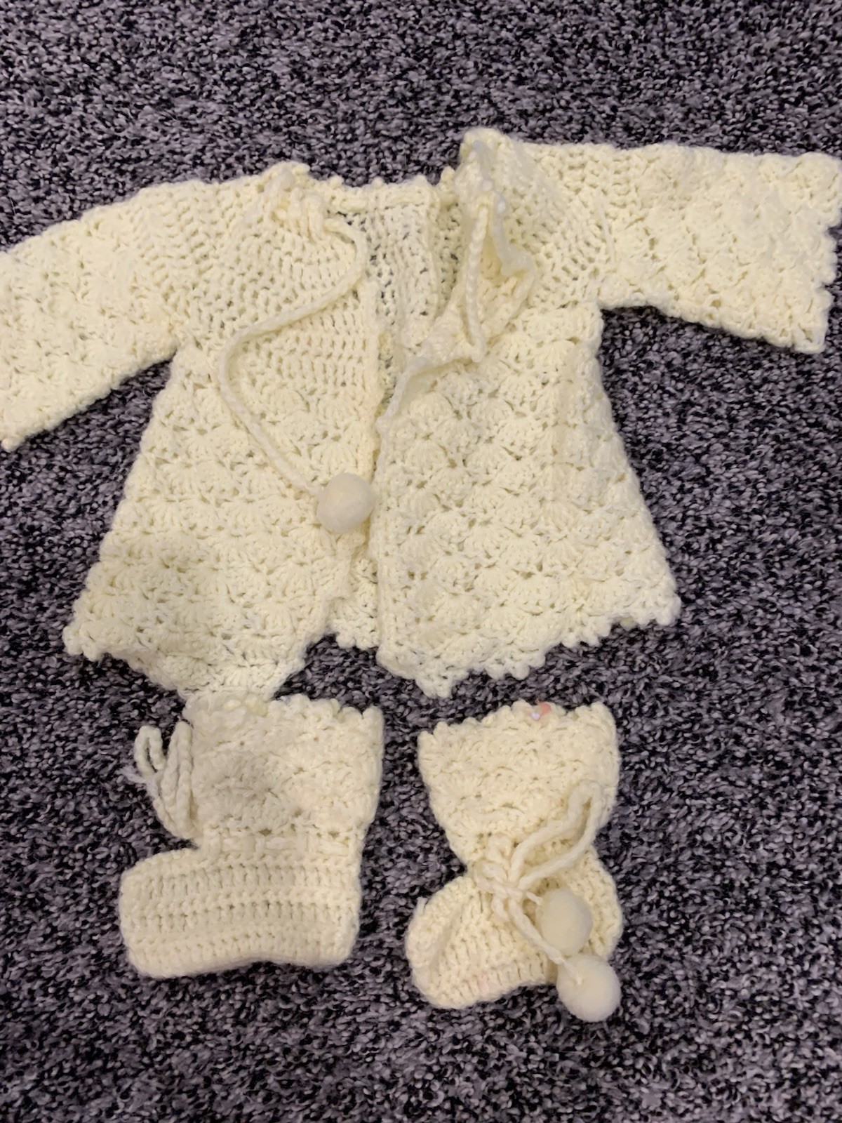 Vintage 1950s Handmade Knit Crocheted Baby Jacket And Booties Cream White
