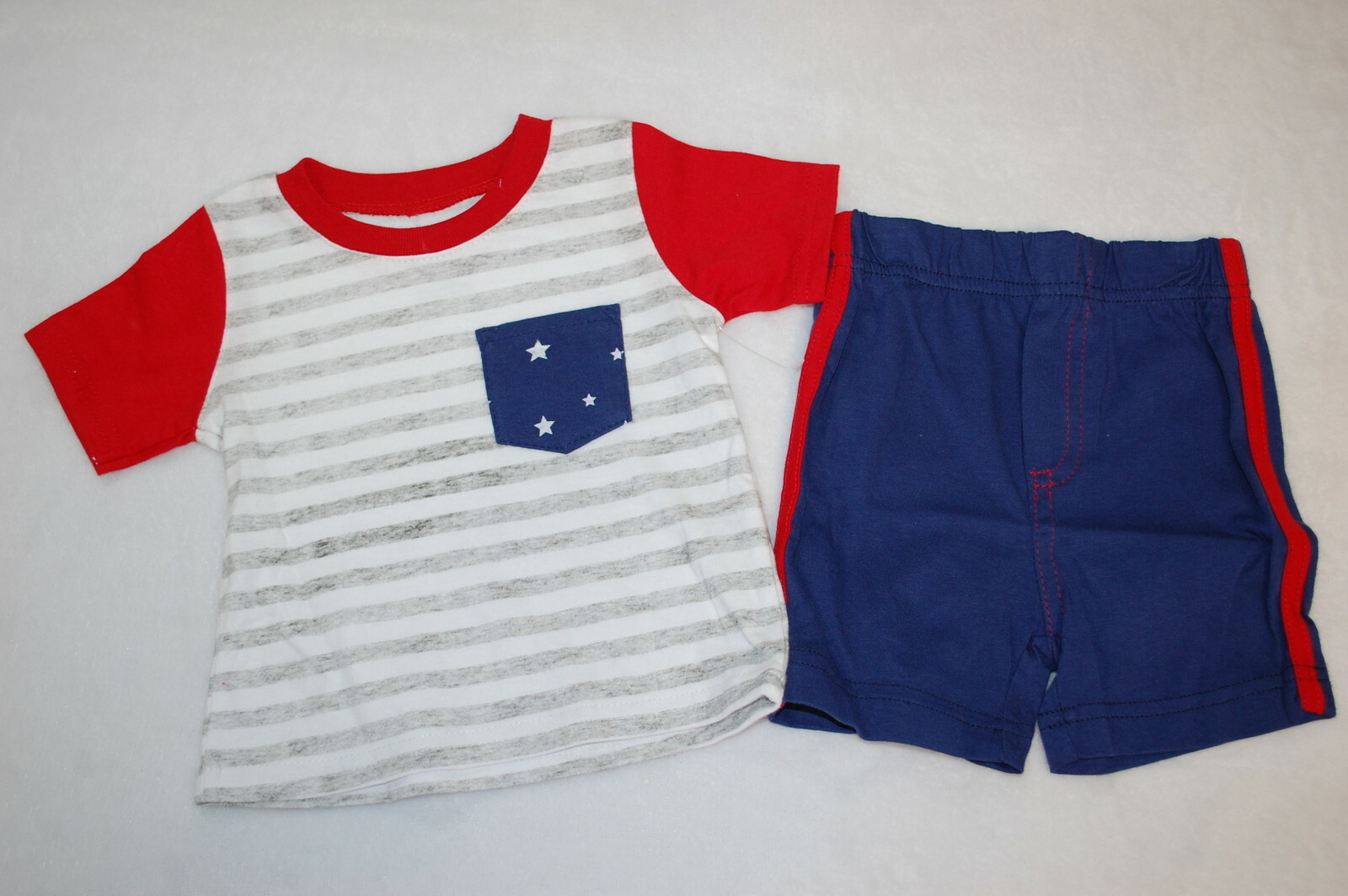Baby Boys GRAY WHITE STRIPED S/S T-SHIRT Star Pocket KNIT SHORTS Red Blue 12 MO