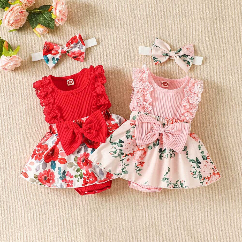 2PCS Newborn Baby Girl Floral Clothes Romper Bow Tutu Skirt Headband Outfit Set