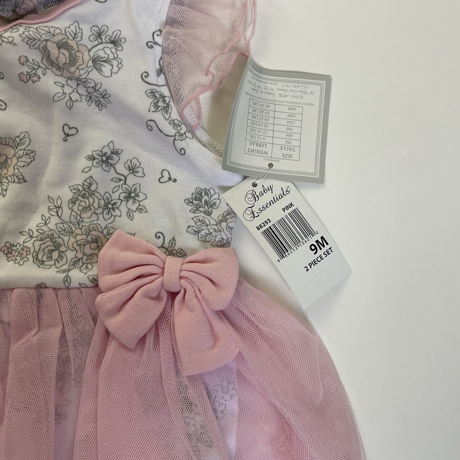 Baby Essentials Infant Girls 2pc Romper & Hat Set Pink Floral Tulle 9M NWT