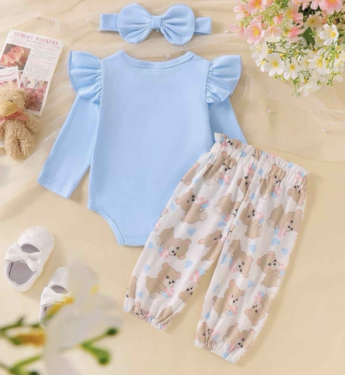 Ursobutegl Newborn Infant Baby Girl Outfits Ruffle Bear Long 0-3 Months, Blue