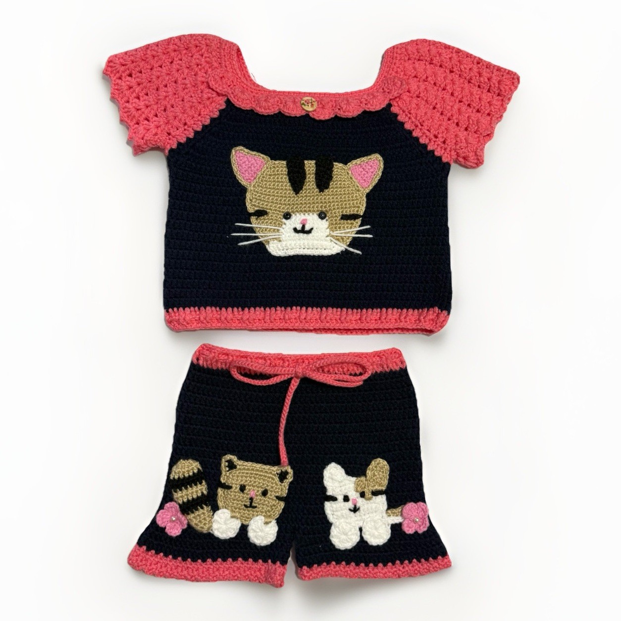 Unbranded Handmade Knitted Toddler Outfit Navy Blue Pink Kittens Cute Shorts