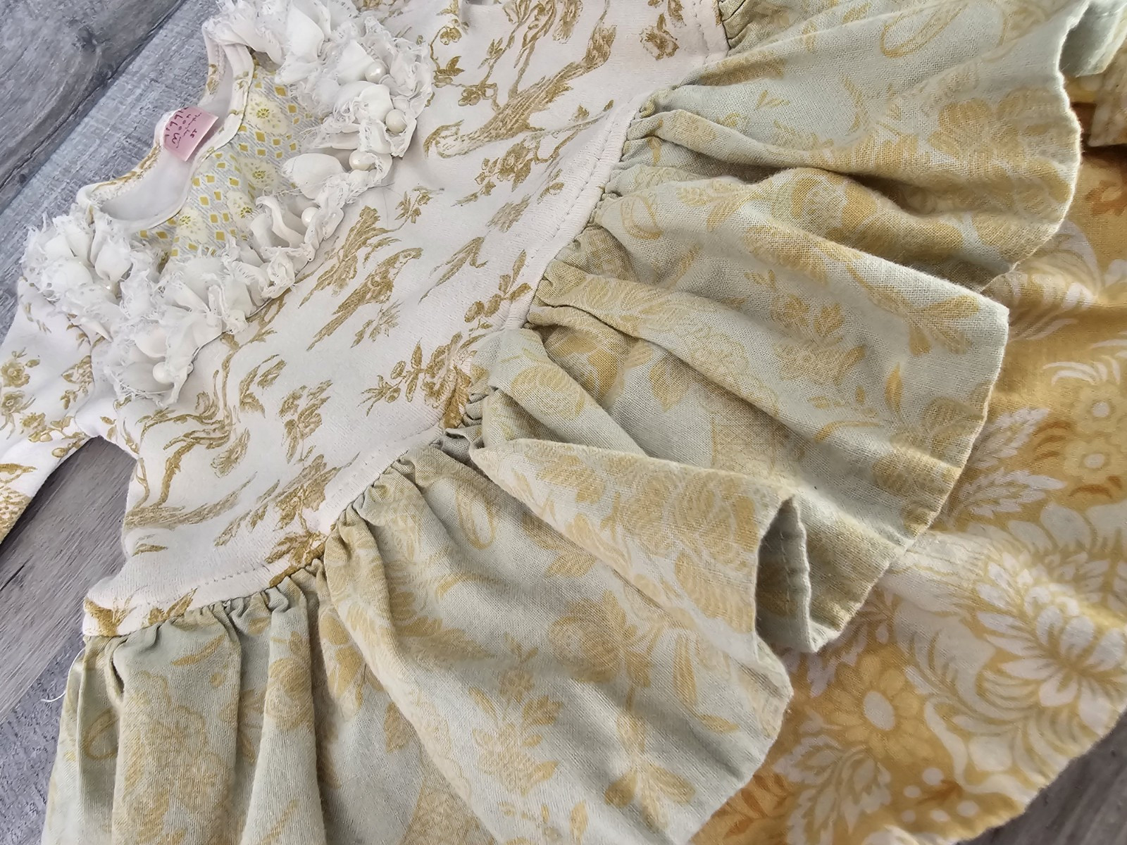 Giggle Moon Ruffle Top 3T Gold Green Birds Spring Toddler Girl