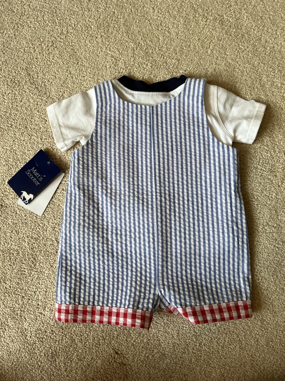 OUTFIT -Matt’s Scooter -Shorts romper & T-Shirt -Crab – Blue/Red/White- 0-3M-NWT