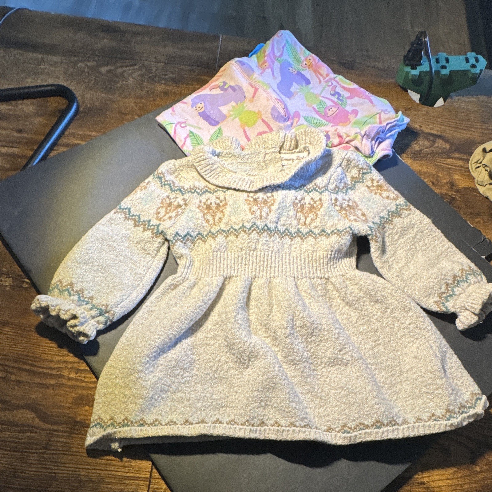 Girls 0-3M 4pc Cotton Knit Animal Print Set Coverall Dress Hoodie Leggings