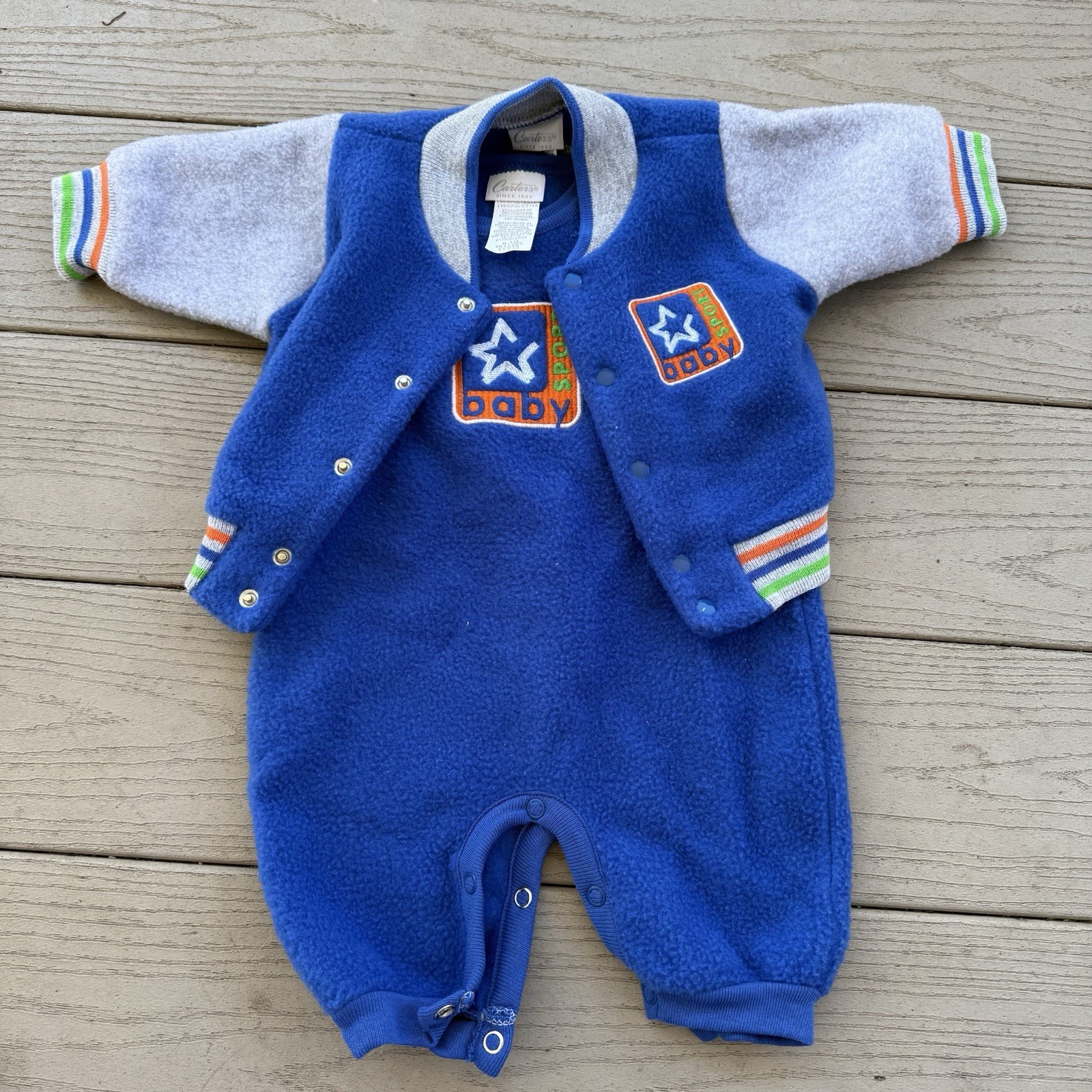 Vintage Carters Varsity Jacket & Romper 0-3 Size Outfit 2 Piece Set Blue Fleece
