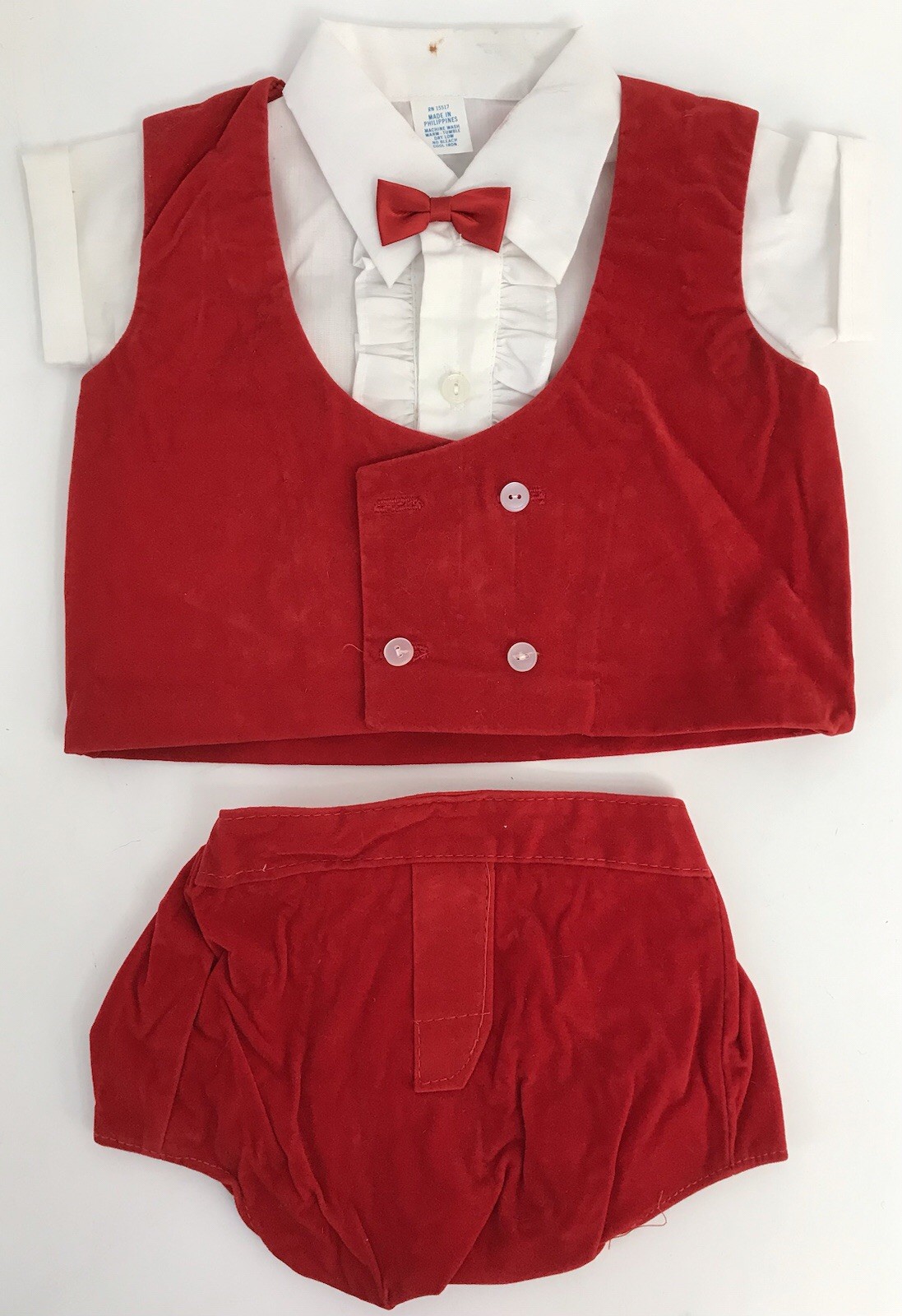Vintage Boy Christmas Red Velvet Shorts Vest White Dress Shirt Red Bow Tie *READ