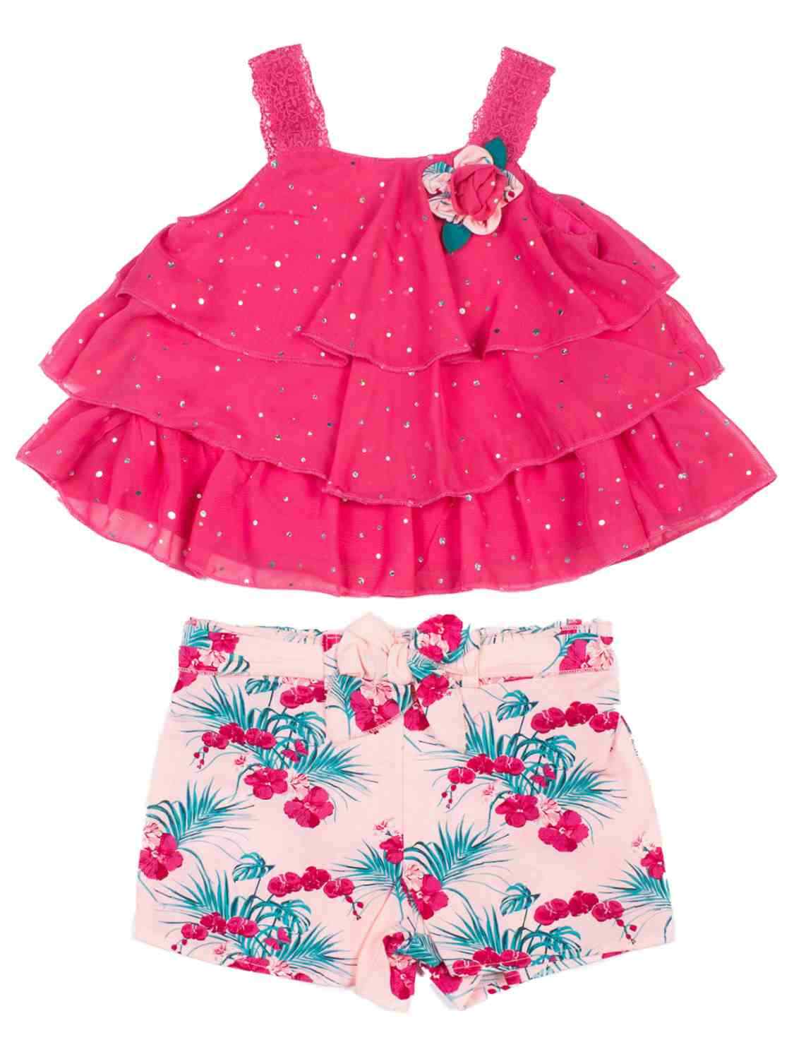 Infant Girls Baby Outfit Pink Rufle Sequin Tank Top Shirt & Floral Shorts