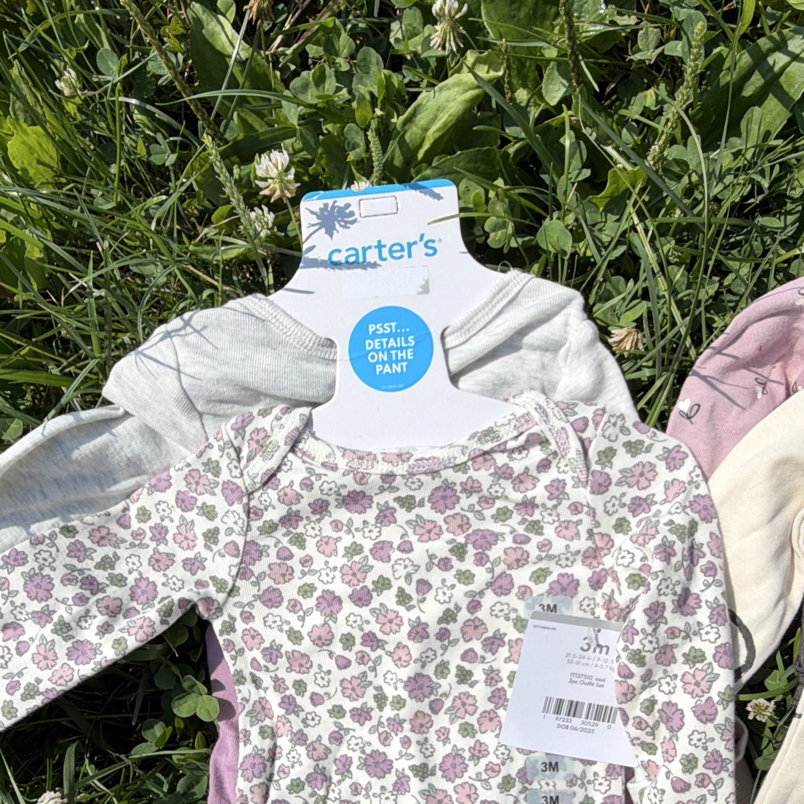 Carter’s 3M 3pc Long Sleeve Cotton Knit Bodysuit & Pants Set Floral Heart