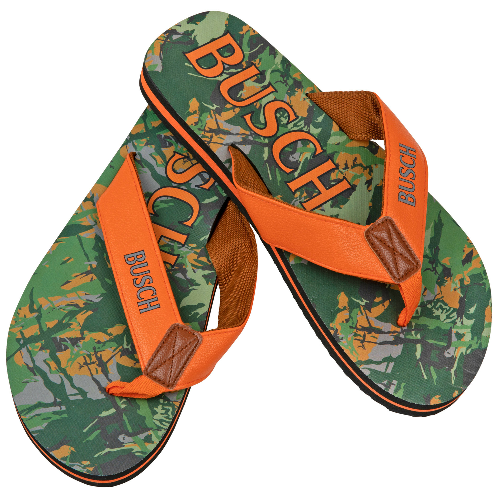 Busch Hunter Orange Text Logo Tree Camo Men’s Flip Flop Sandals Multi-Color