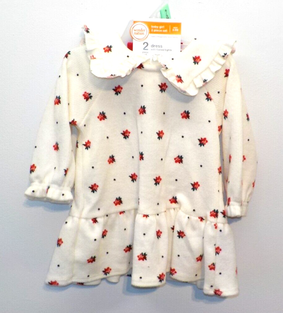 Wonder Nation Girl Christmas 2-Piece Ivory Dress & Red Footed Tights 6-9 Months