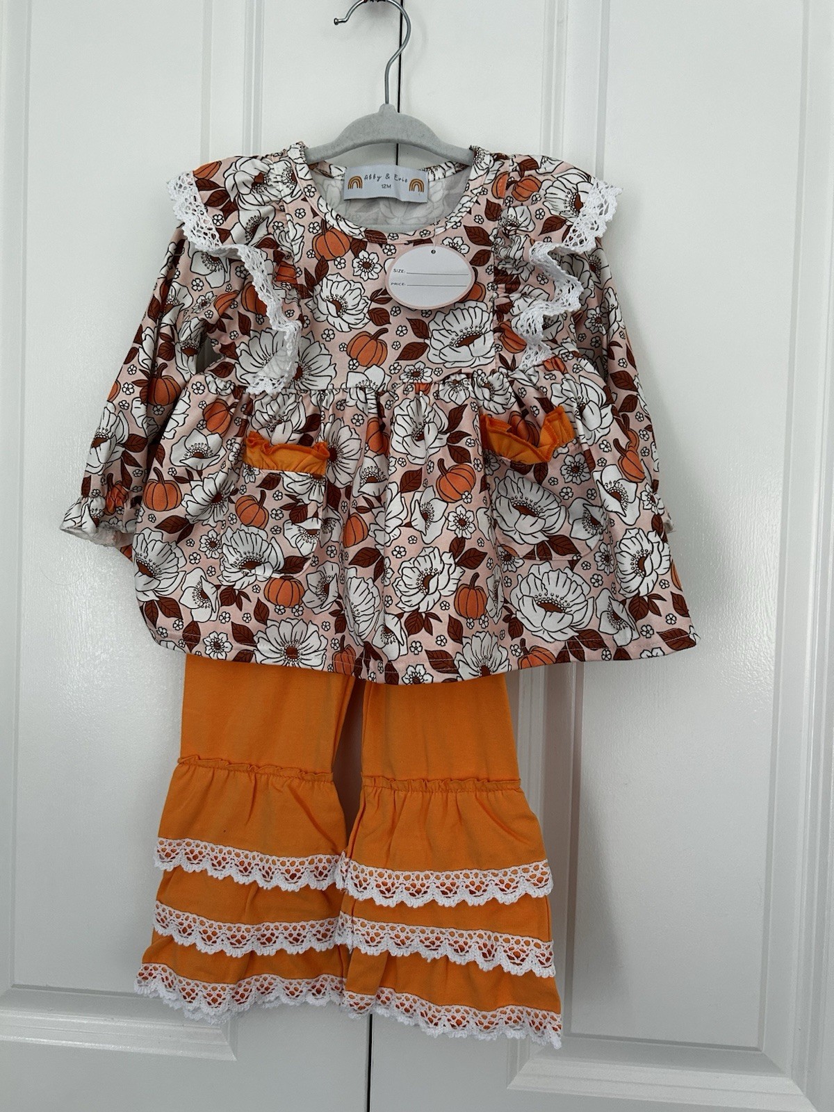Abby & Evie 12 month orange pumpkin floral lace ruffle set NWT fall autumn