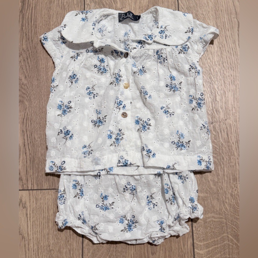 Belati White Blue Floral Set Girls size 1 Eyelet Shirt Bloomers Boutique Outfit