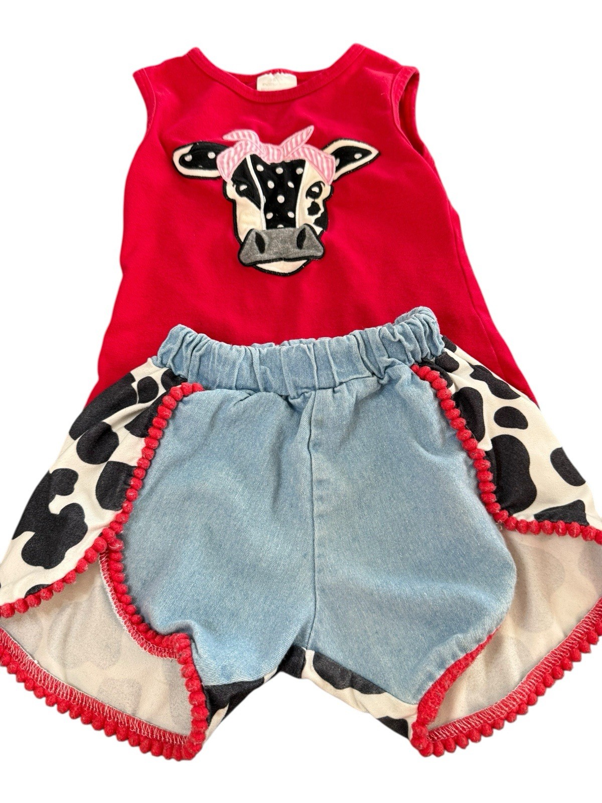 Cow Print 2 Piece Youth Girls Short Set Red Tank Fringe Shorts Soft SZ XS (2-4)