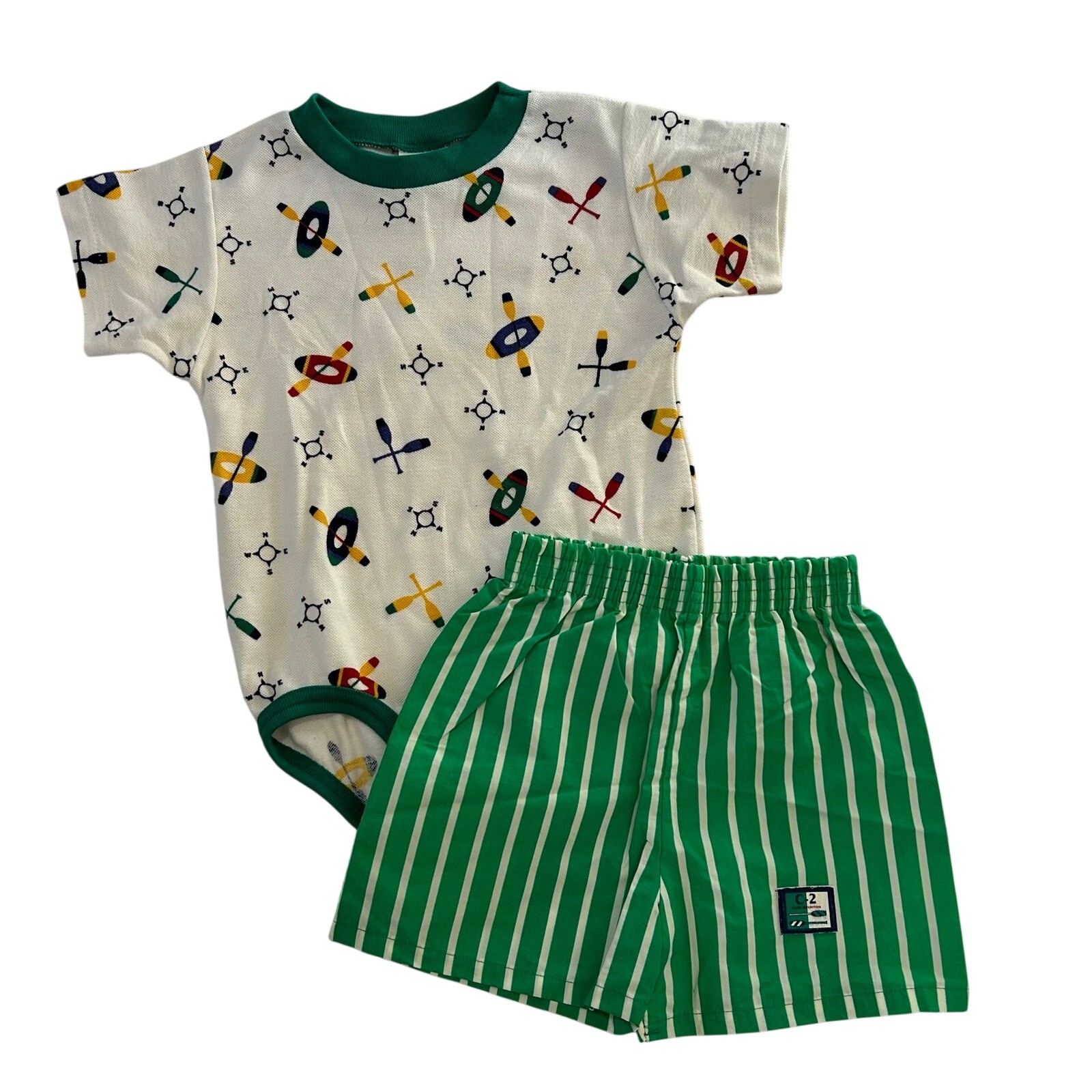 Carters Vtg Boys Size 3T White Bodysuit & Green & White Striped Shorts Nautical