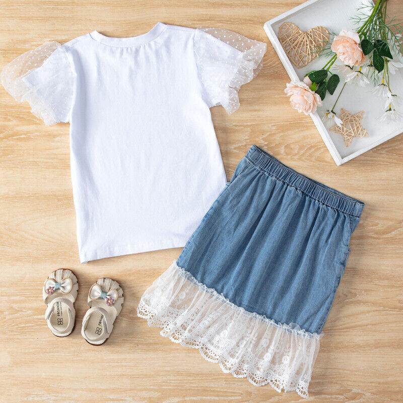 Toddler Kids Baby Girls Clothes Casual Tops T-shirt+Denim Skirt 2Pcs Outfits Se